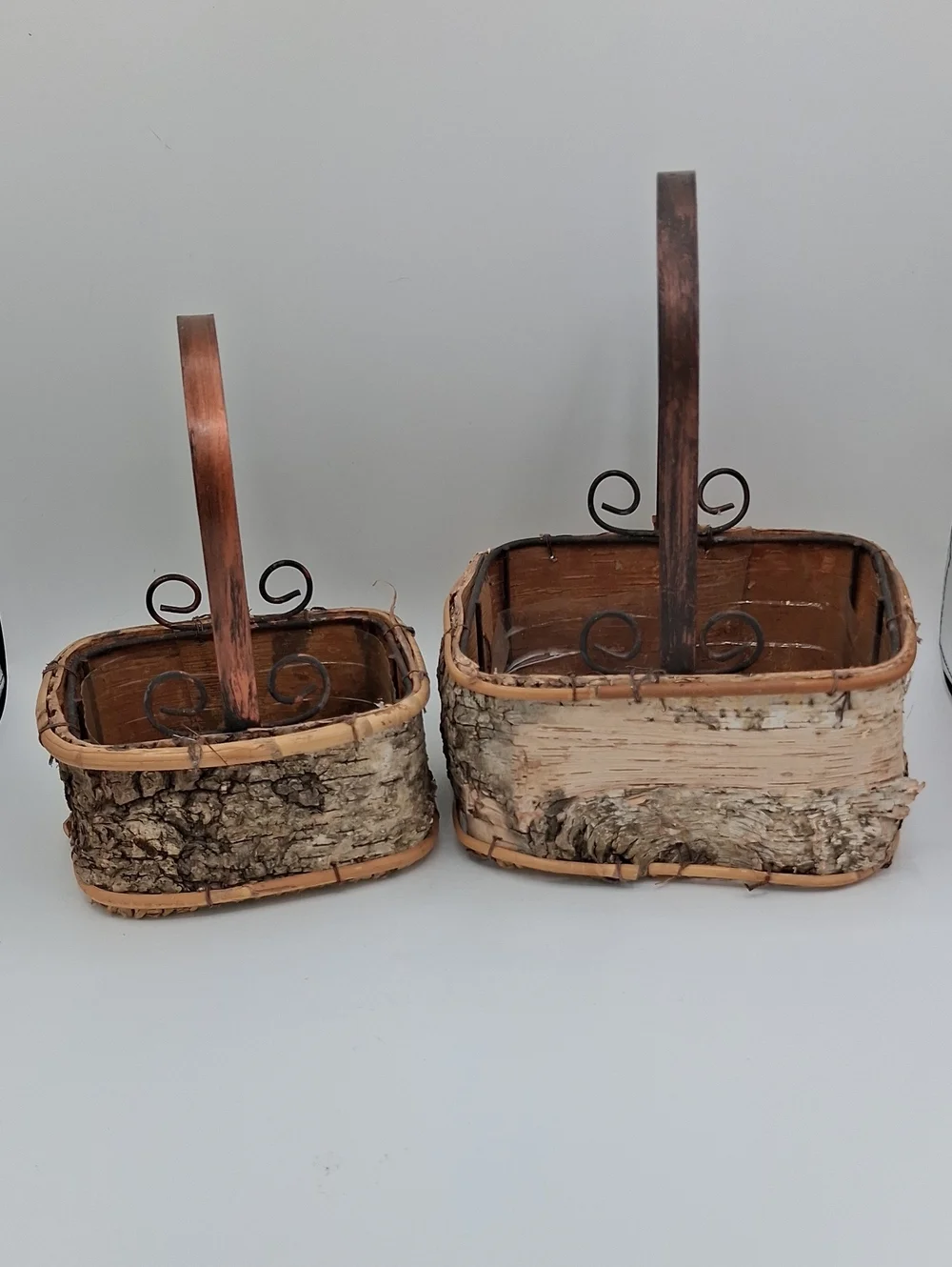 Rustic Birch Bark Baskets with Curled Metal Handle